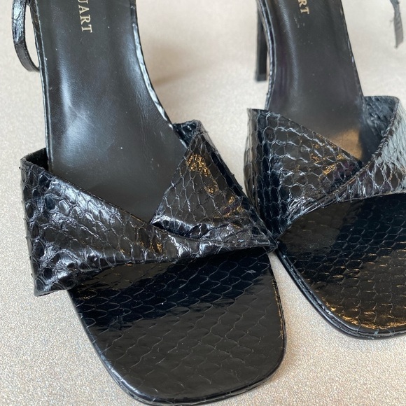 Colin Stuart Black Leather Snake Pattern Square Toe Heeled Sandals - Picture 5 of 6